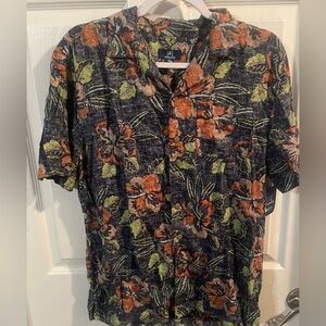 George Linen Blend Hawaiian Shirt Navy Hibiscus Floral Men’s Small NWT